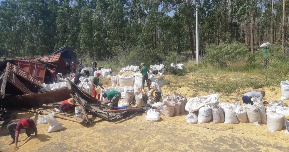 Carreta tombou em trecho da BR-242 próximo à cidade de Cristópolis — Foto: Divulgação/PRF