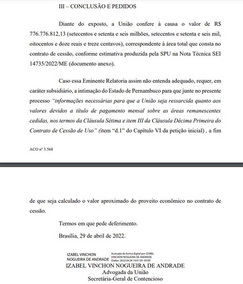 A AGU aumentou o valor conferido à causa sobre Fernando de Noronha para  R$ 776.776.812,13 — Foto: Reprodução