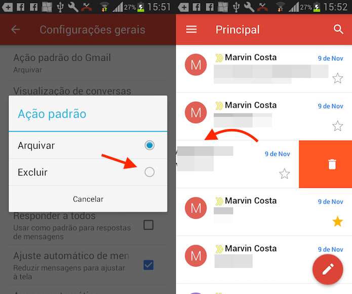 Configurando a ação da opção deslizar com os dedos do Gmail no Android (Foto: Reprodução/Marvin Costa)