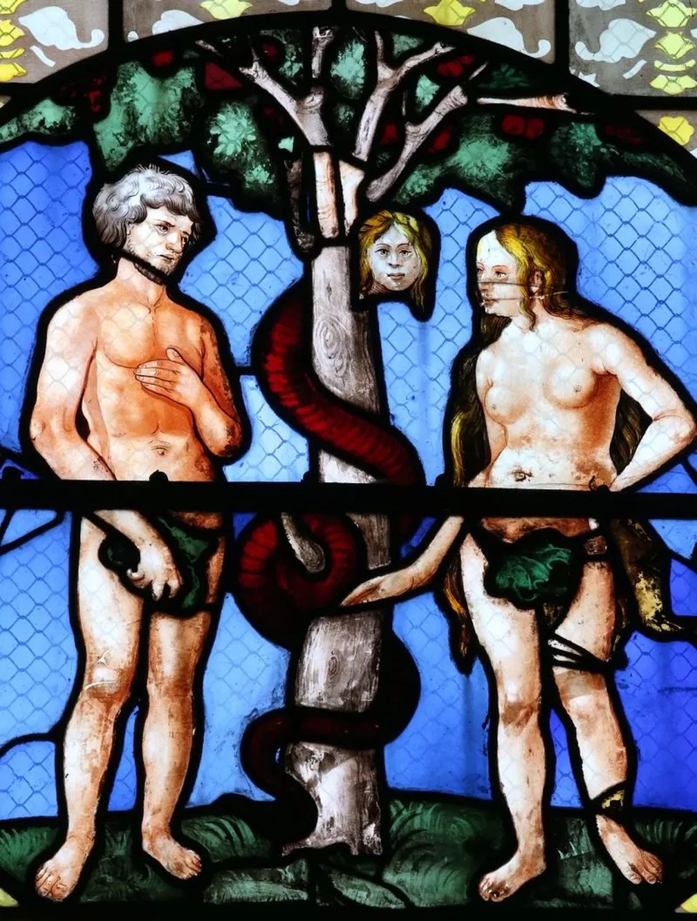 Vitral de Adão, Eva e Lilith no Jardim do Éden, Catedral de Auxerre, França — Foto: GETTY IMAGES