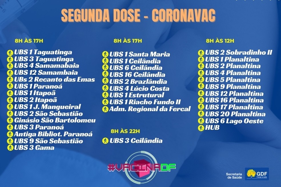 Postos de vacinação contra a Covid-19 para dose de reforço para profissionais de saúde em 26 de outubro  — Foto: Foto: SES-DF/Reprodução