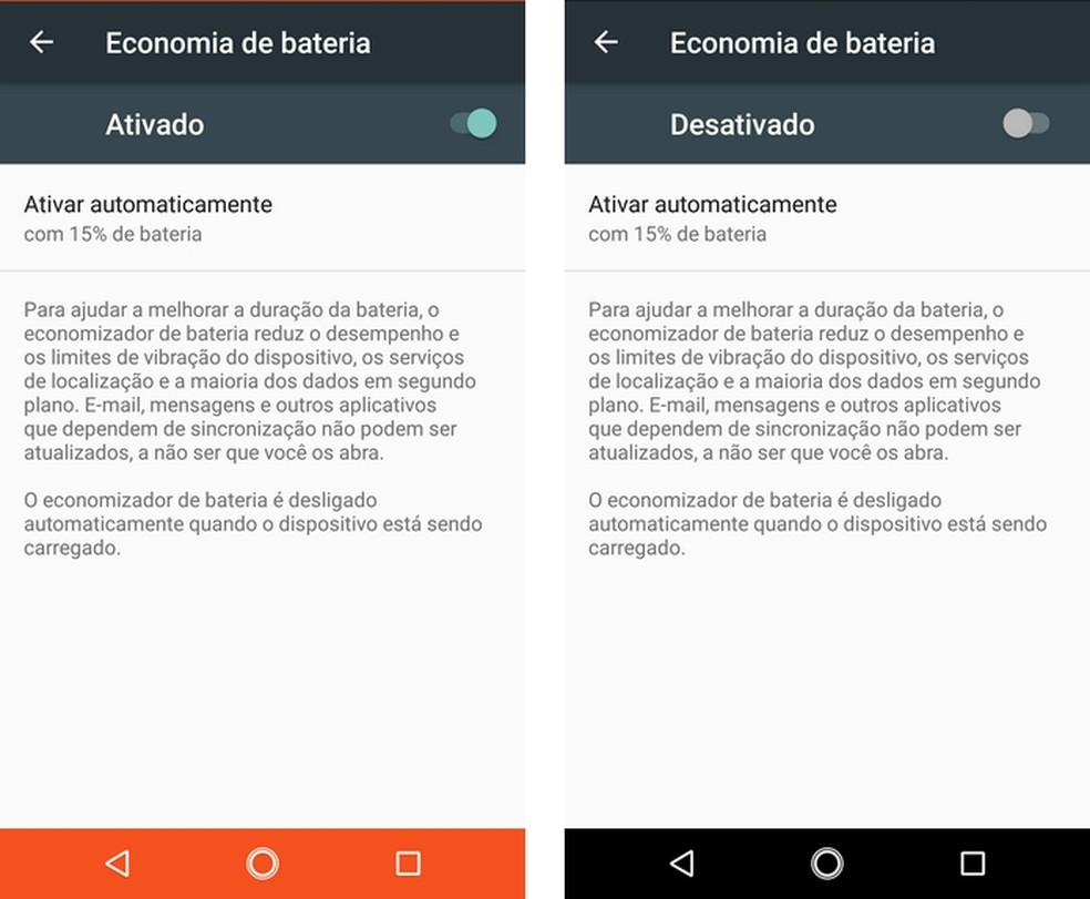 Desativação do modo de economia de bateria no Android  — Foto: Reprodução/Raquel Freire