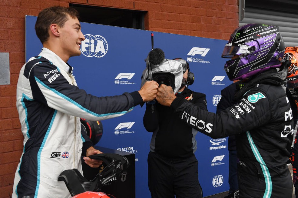 George Russell e Lewis Hamilton no GP da Bélgica de 2021 — Foto: John Thys - Pool/Getty Images