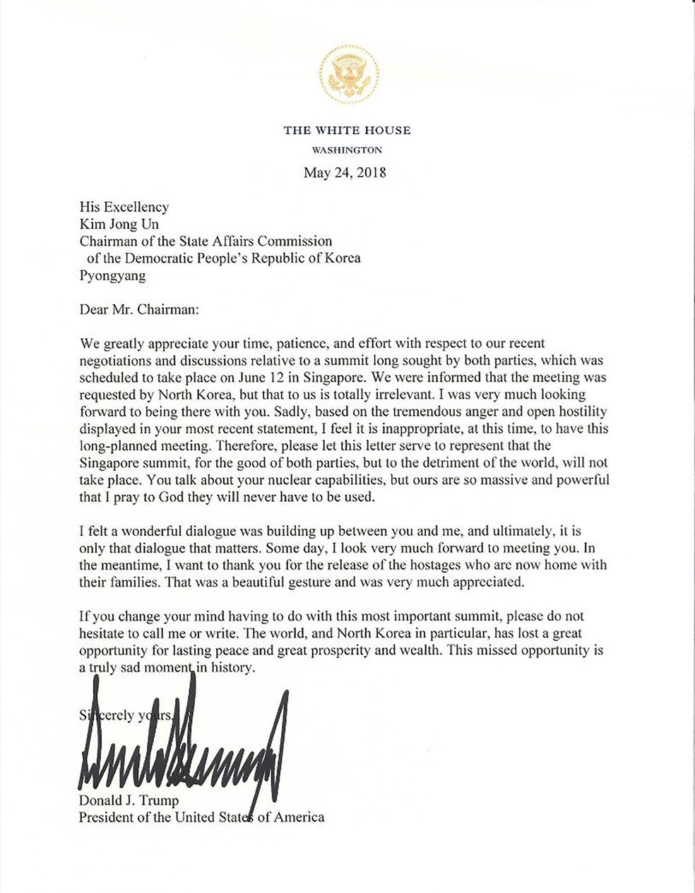 Donald Trump escreve carta a Kim Jong-un cancelando encontro em Singapura (Foto: Casa Branca/AFP)