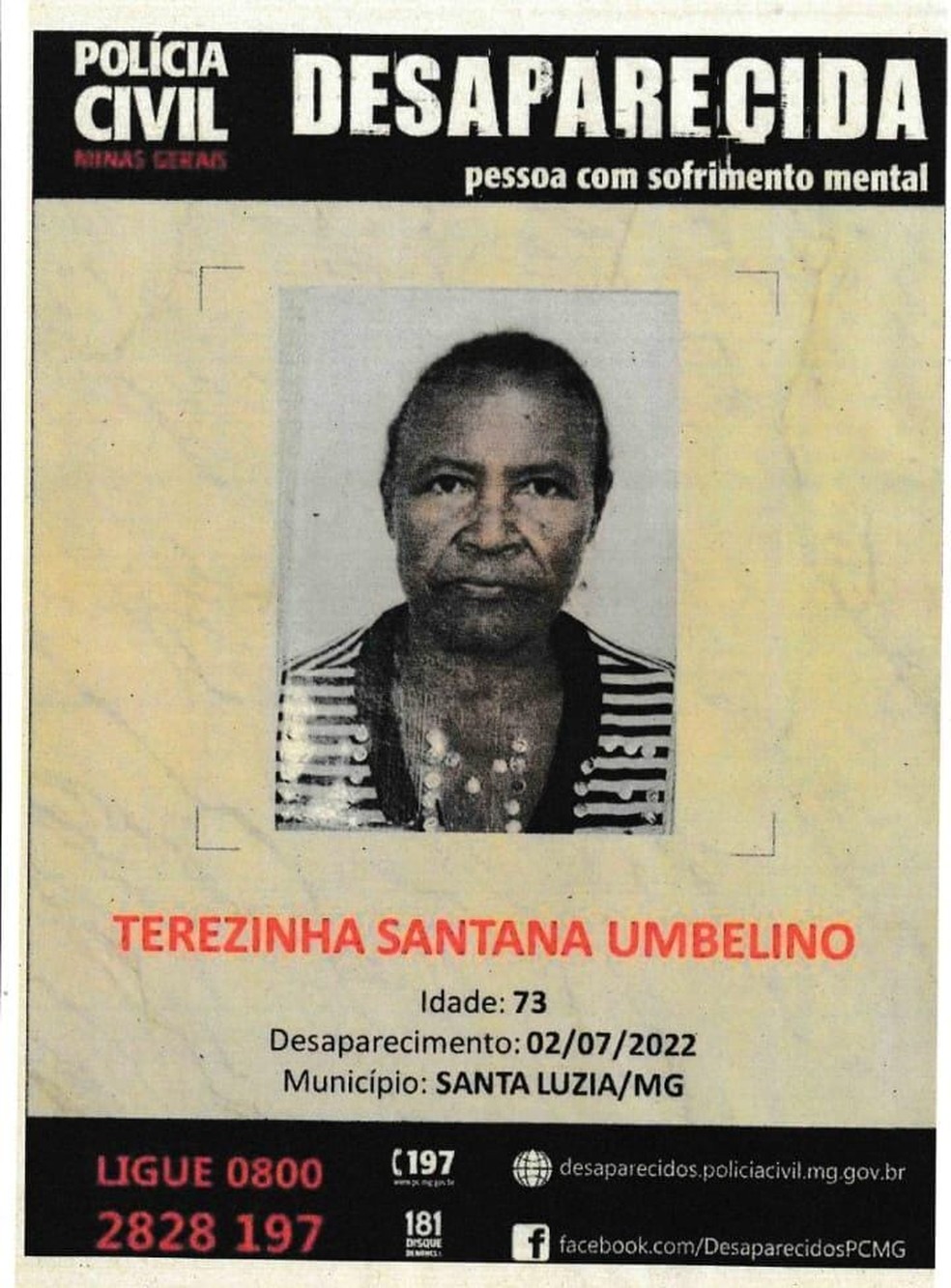 Terezinha está desaparecida desde o dia 02 de julho — Foto: Arquivo Pessoal 