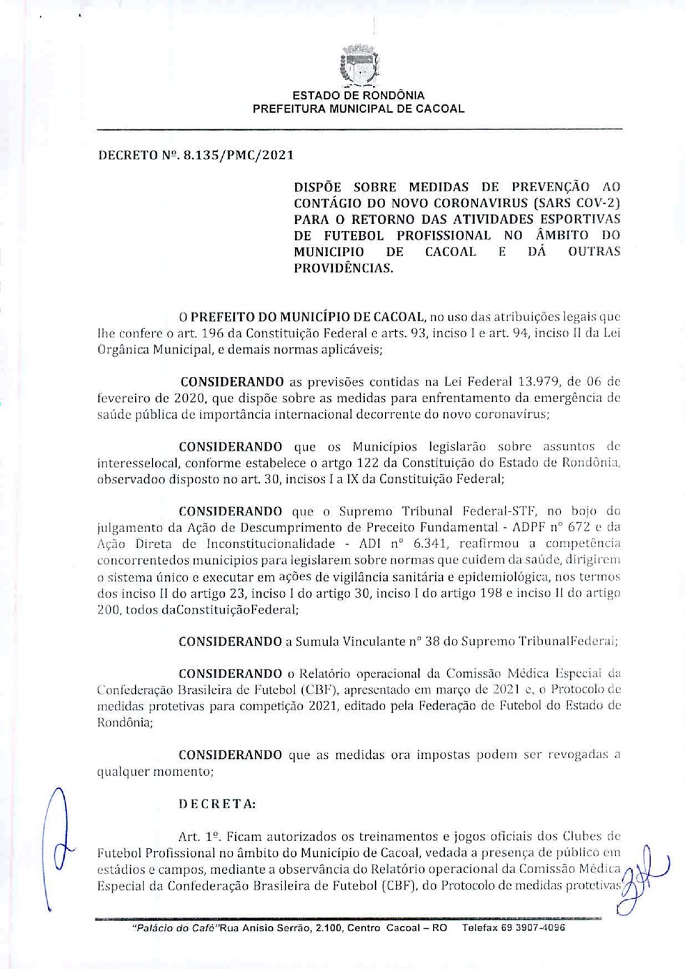 Decreto de Cacoal liberando atividades profissionais  (Foto: Divulgação )