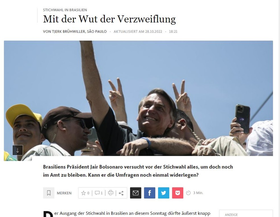 Jornal alemão trouxe reportagem sobre a campanha de Bolsonaro na reta final — Foto: Reprodução/FAZ