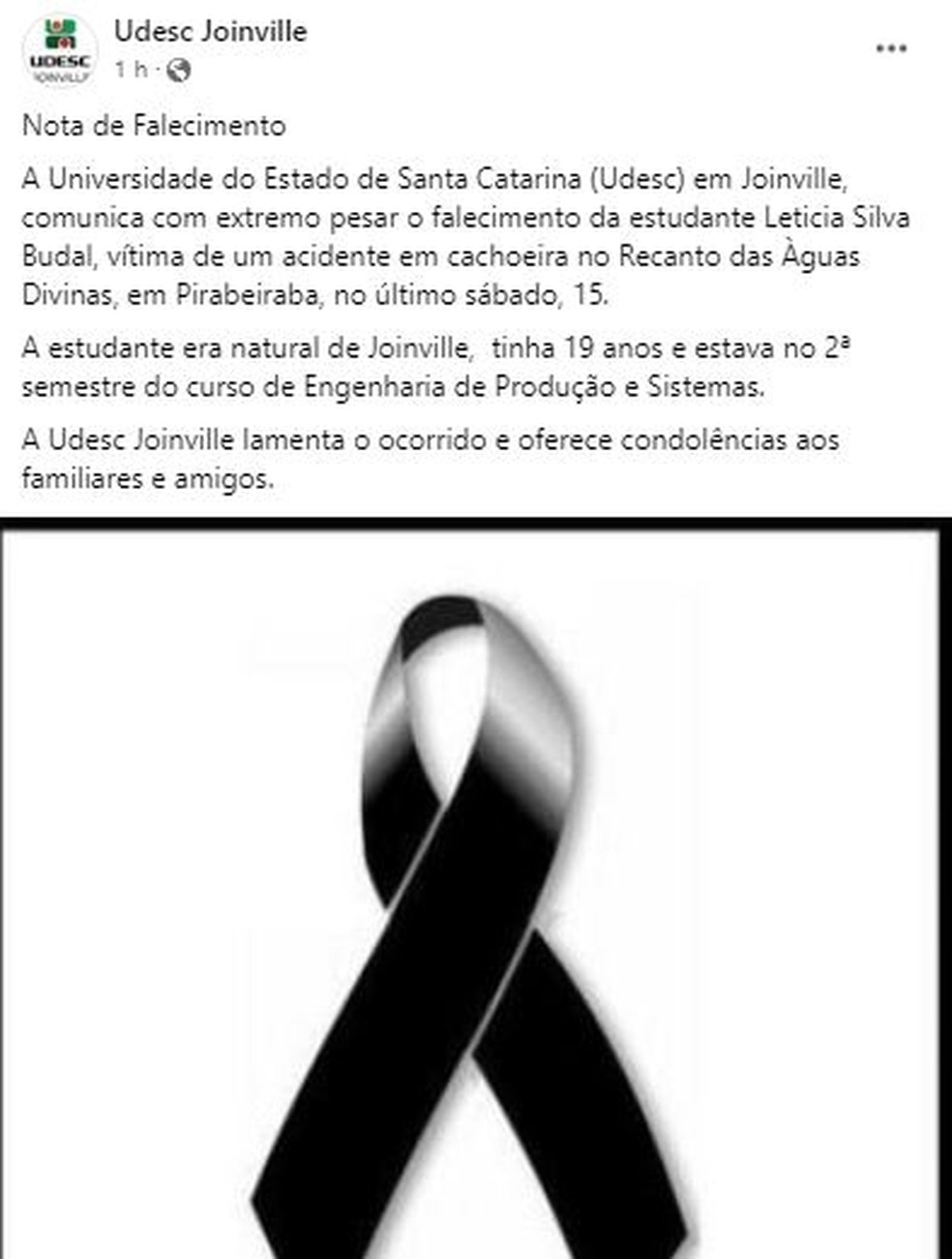 UDESC divulgou uma nota de falecimento lamentando a morte da estudante — Foto: Redes Sociais/ Reprodução 