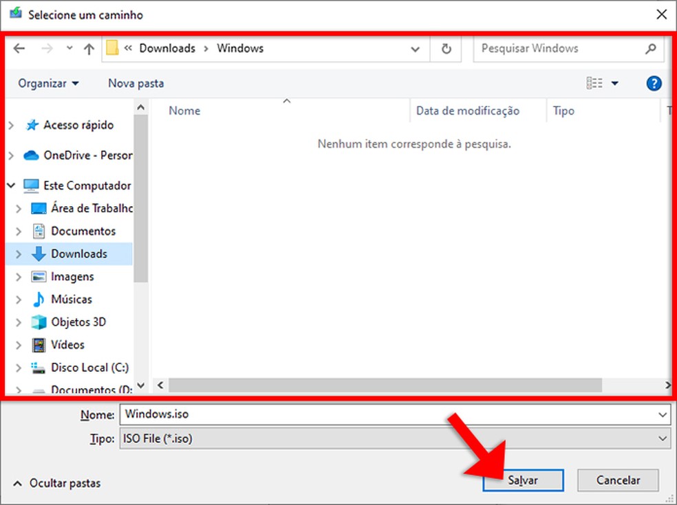 Seleção de pasta para salvar o arquivo ISO a ser gerado pela ferramenta de criação de mídia do Windows 10 — Foto: Reprodução/Rafael Leite