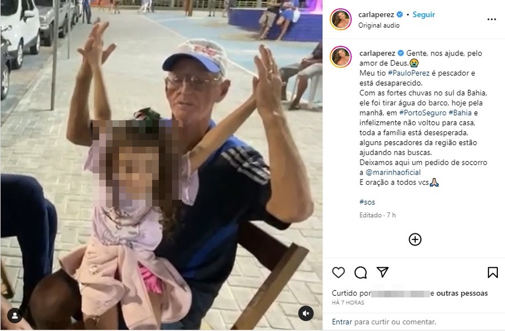 Carla Perez pede ajuda a Marinha para encontrar tio pescador no extremo sul da Bahia — Foto: Reprodução/Redes Sociais