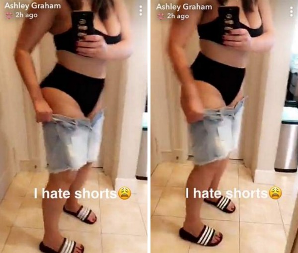 A modelo Ashley Graham sofrendo para colocar seu shorts (Foto: Twitter)