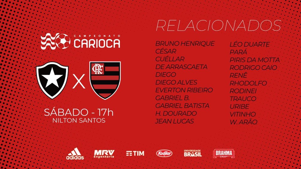 Relacionados do Flamengo para o clássico contra o Botafogo — Foto: Divulgação