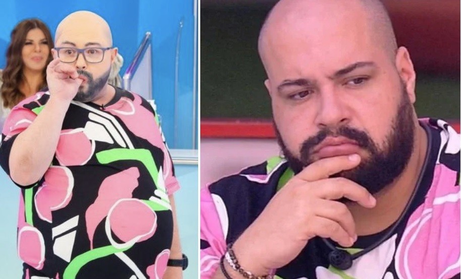 Alexandre Porpetone, caracterizado como Tiago AbravaMel, uma brincadeira com a participação de Tiago Abravanel no BBB22 (Foto: SBT e TV Globo)