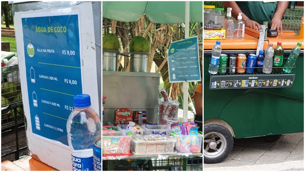 Montagem de fotos com preços tabelados da água de coco e bebidas da Ambev no Parque Ibirapuera. — Foto: Marina Pinhoni/g1