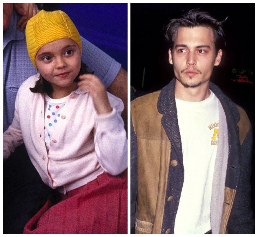 A atriz Christina Ricci aos 9 anos, em cena de Minha Mãe É Uma Sereia (1990), e o ator Johnny Depp em foto do início dos anos 1990 (Foto: Reprodução/Getty Images)