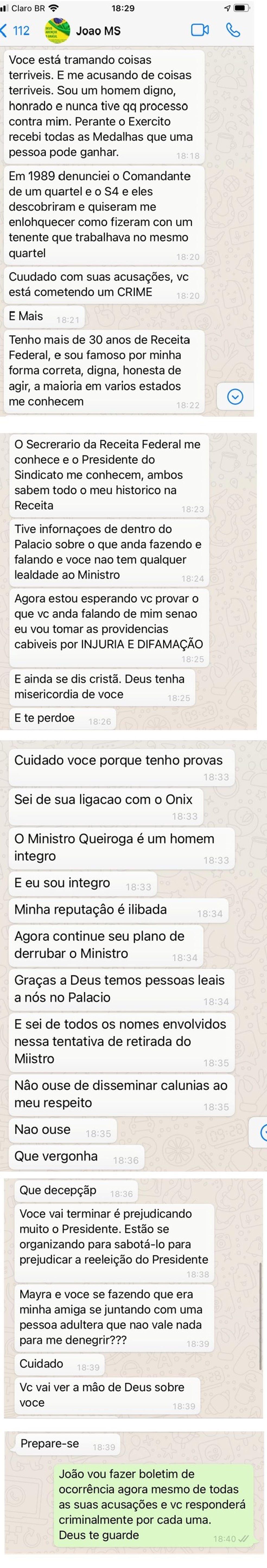 Troca de mensagens entre o chefe de gabinete do ministro da Saúde, João Lopes de Araújo Júnior, e a secretária de Gestão do Trabalho do ministério, Mayra Pinheiro, conhecida como "capitã cloroquina". — Foto: Divulgação