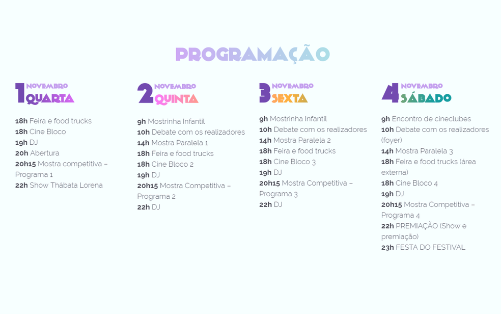 Programação da 12ª edição do Festival Taguatinga de Cinema, em Brasília (Foto: Festival Taguatinga de Cinema/Reprodução)
