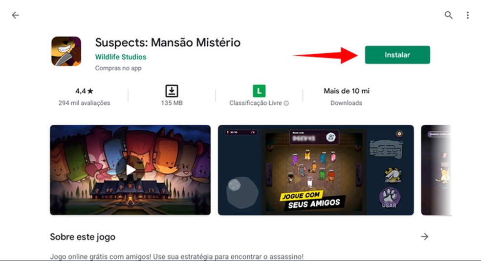 Clique em "Instalar" para baixar o Suspects: Mansão Mistério no PC pelo BlueStacks — Foto: Reprodução/Tais Carvalho