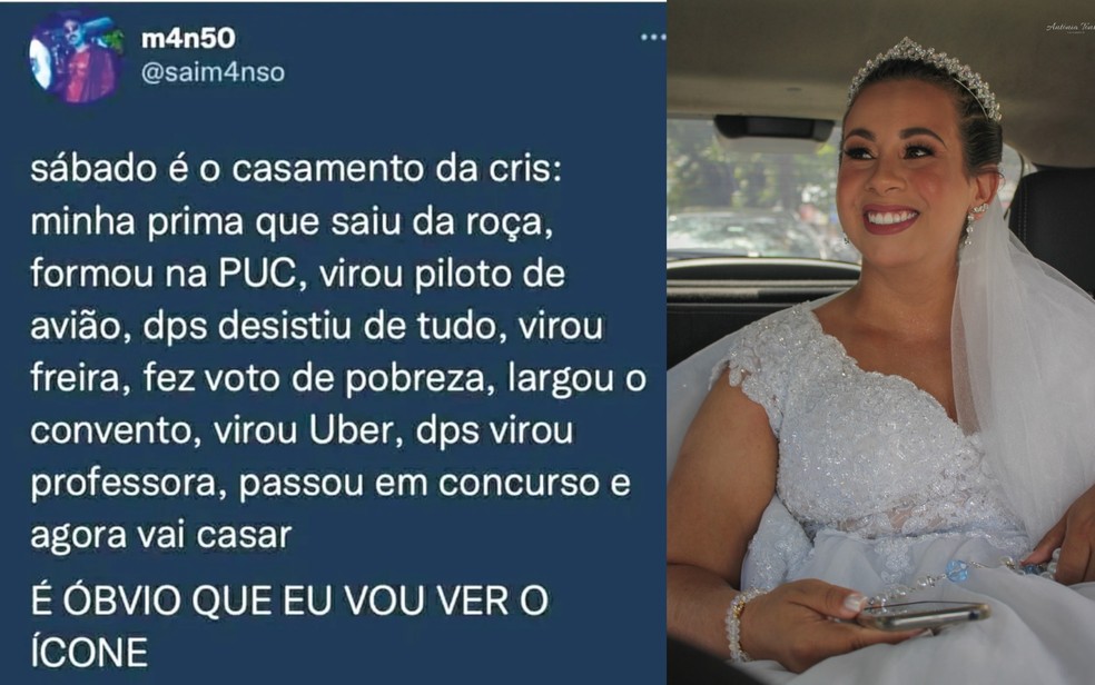 Goiana que já foi piloto e freira viraliza nas redes sociais após primo postar sobre o casamento dela — Foto: Reprodução/Crislane Viana