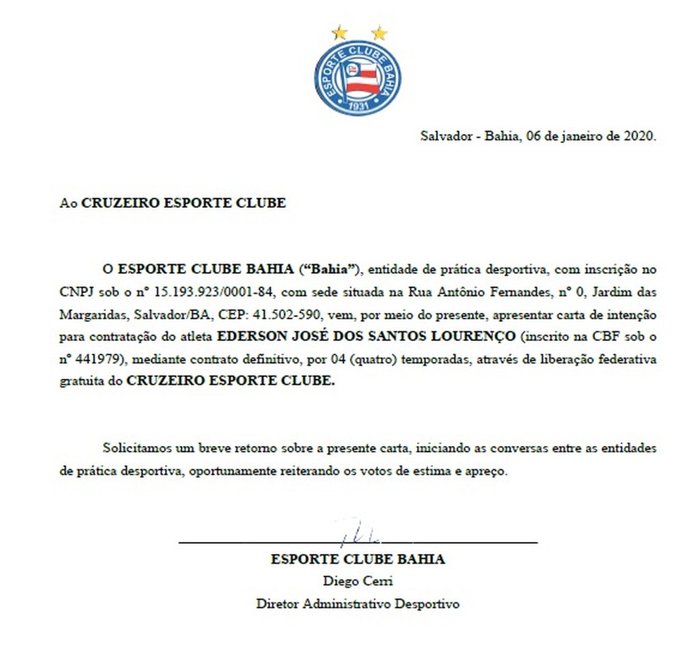 Carta de intenção na contratação do volante Éderson junto ao Bahia — Foto: Reprodução