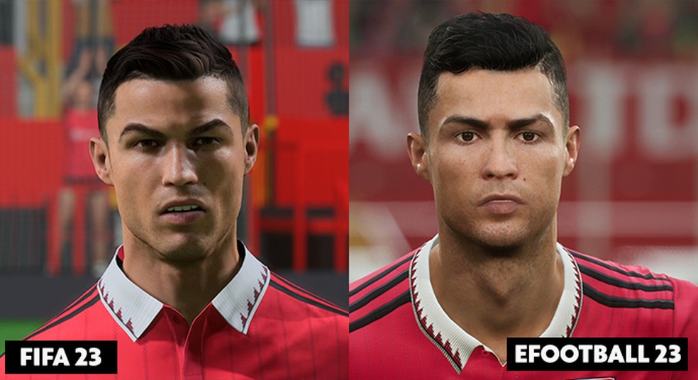 eFootball 2023 x FIFA 23: compare a face de Cristiano Ronaldo nos dois jogos — Foto: Infoesporte