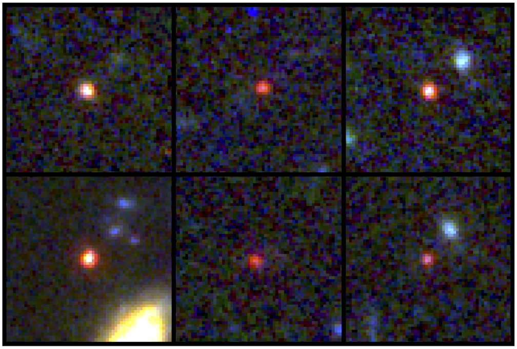 Imagens de seis galáxias massivas candidatas, vistas 500-700 milhões de anos após o Big Bang. Uma das fontes (canto inferior esquerdo) pode conter tantas estrelas quanto a nossa atual Via Láctea, mas é 30 vezes mais compacta.  — Foto: NASA, ESA, CSA, I. Labbe (Swinburne University of Technology). Processamento de imagem: G. Brammer (Niels Bohr Institute's Cosmic Dawn Center na Universidade de Copenhagen)