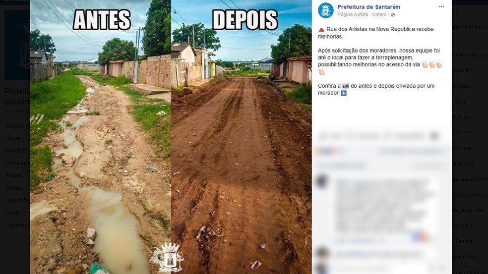 Imagem mostra o antes e depois da Rua dos Artistas, bairro Nova RepÃºblica (Foto: ReproduÃ§Ã£o/Facebook/Prefeitura de SantarÃ©m)