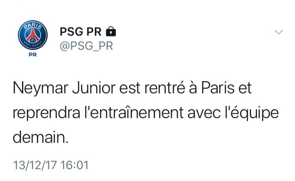 PSG avisa que Neymar voltou a Paris (Foto: Reprodução Twitter)