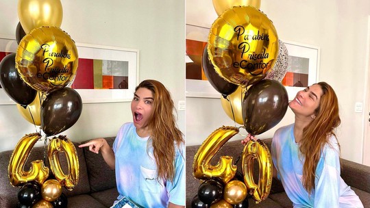 Priscila Fantin antecipa celebração dos 40 anos com bolo e balões
