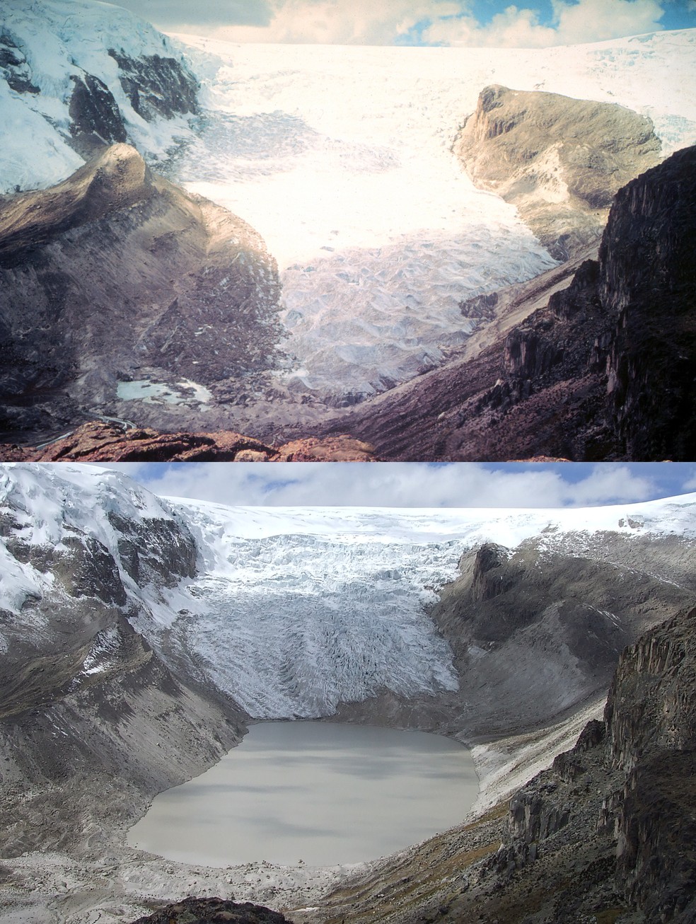 Derretimento da geleira de Qori Kalis, no Peru — Foto: NASA