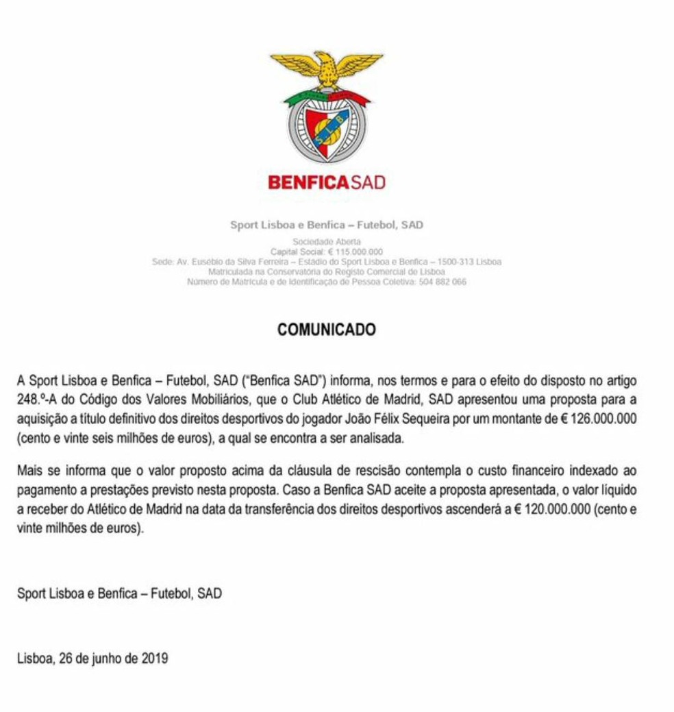 Benfica recebe proposta do Atlético de Madrid — Foto: Reprodução 
