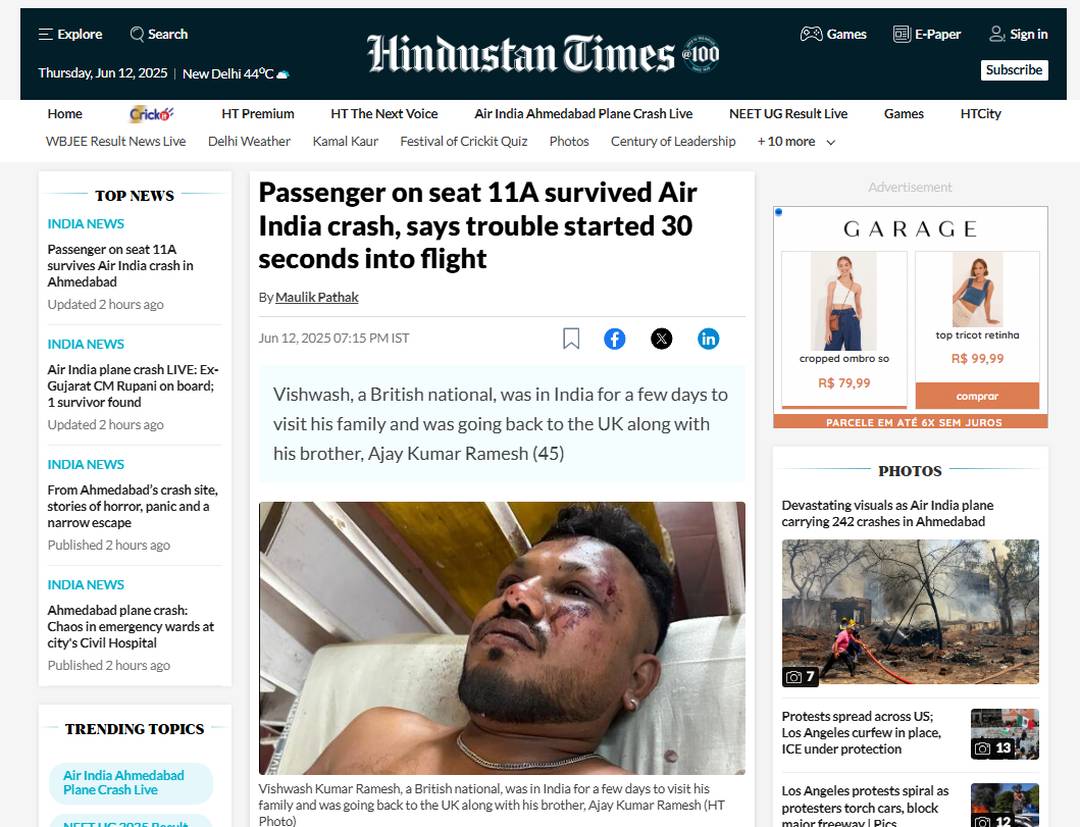 Homem que relatou ao jornal indiano "Hindustan Times" ter sobrevivido à queda de um Boeing 787 na Índia, em 12 de junho de 2025.