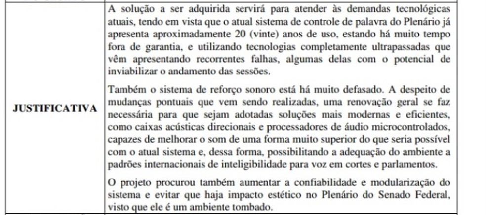 Justificativa do Senado para gastar R$ 2,84 milhões com a 'modernização' do sistema de som do plenário (Foto: Reprodução/site do Senado)