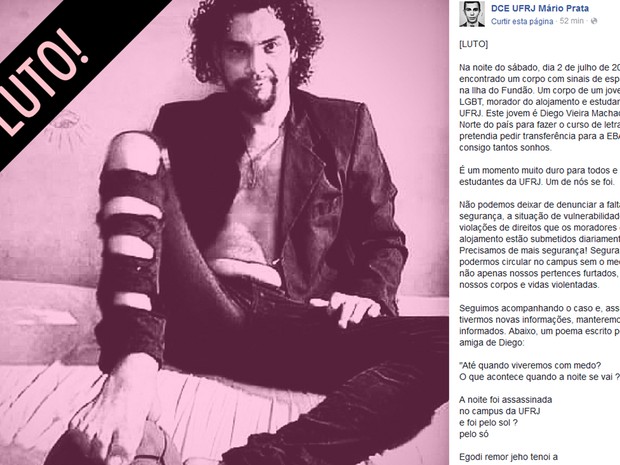 O DCE Mário Prata divulgou nota de pesar sobre a morte de Diego em uma rede social (Foto: Reprodução/ Facebook)