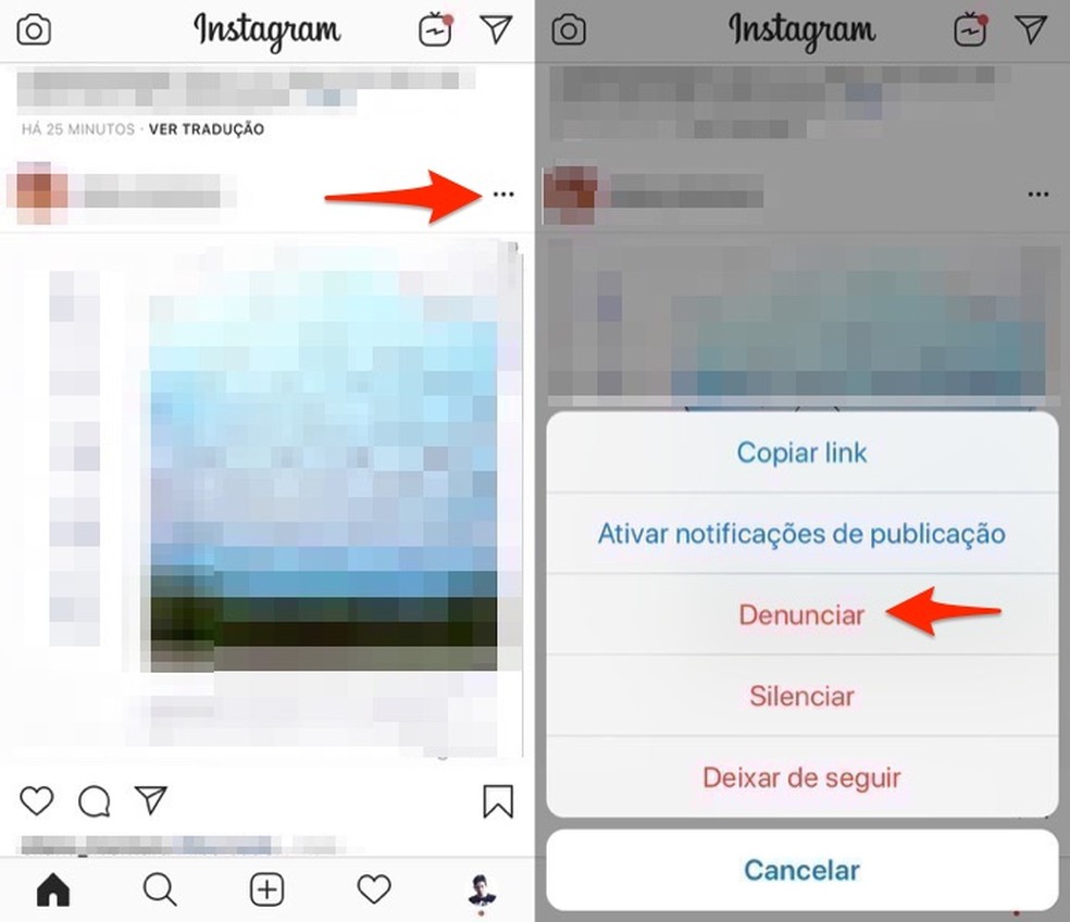 Ação para iniciar uma denúncia de post ofensivo no Instagram — Foto: Reprodução/Marvin Costa