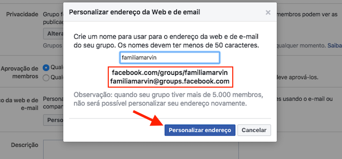 Ação para personalizar a URL de um grupo do Facebook (Foto: Reprodução/Marvin Costa)