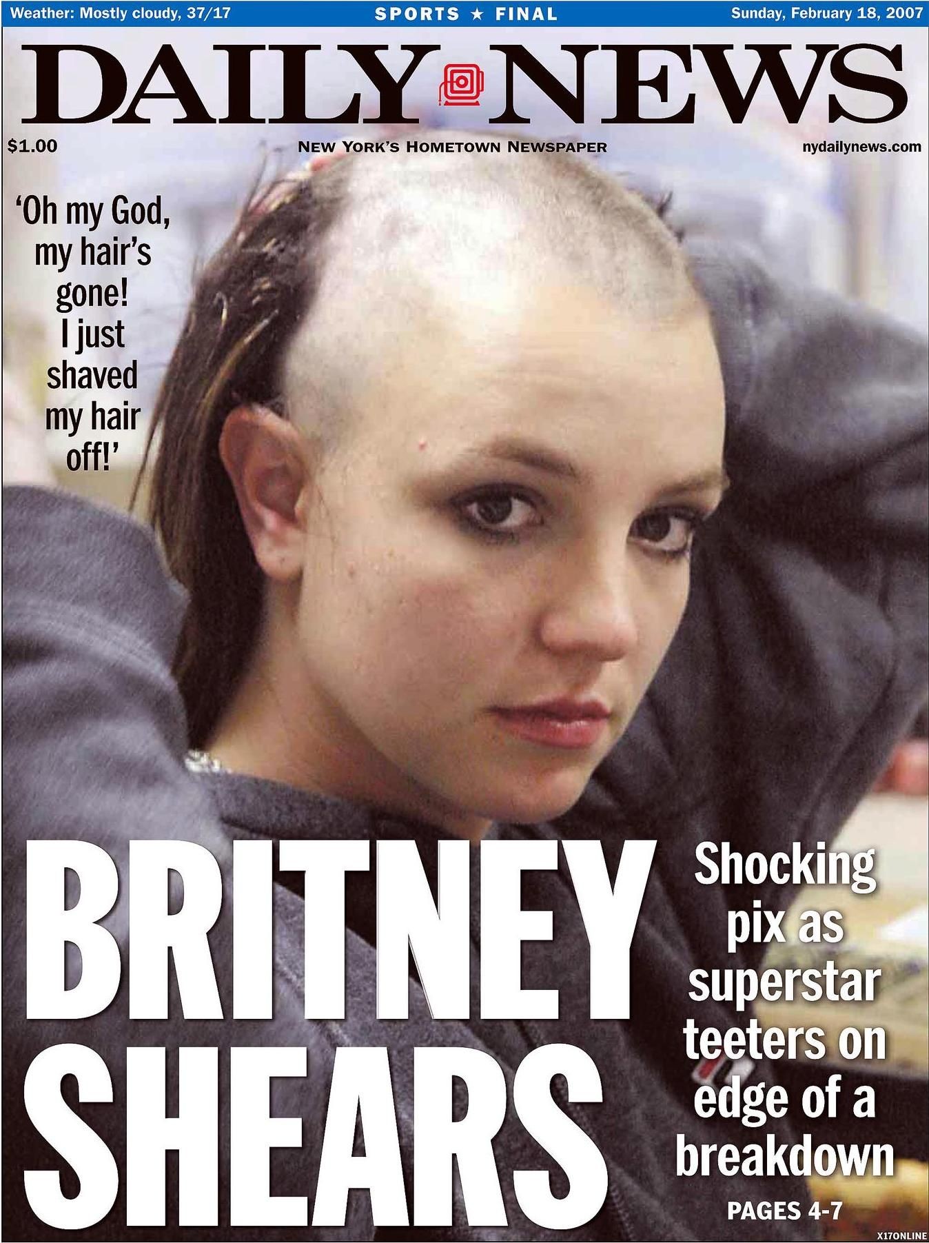 Capa do Daily News de 2007, quando Britney Spears foi fotografada raspando o seu próprio cabelo (Foto: reprodução)