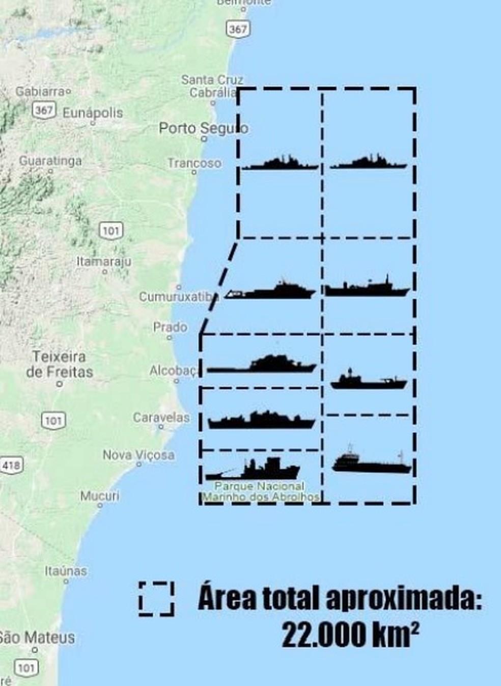 Conforme a Marinha, navios deslocados para o Arquipélago ficarão posicionados, de modo a monitorar uma área de cerca de 22 mil quilômetros quadrados no entorno do Arquipélago de Abrolhos — Foto: Divulgação/Marinha