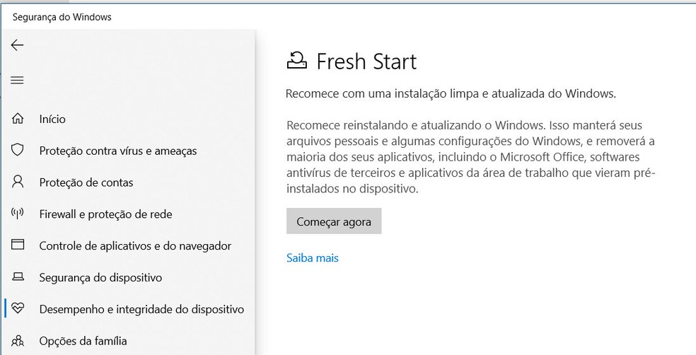 Windows 10 tem recurso que facilita a reinstalação do sistema — Foto: Reprodução