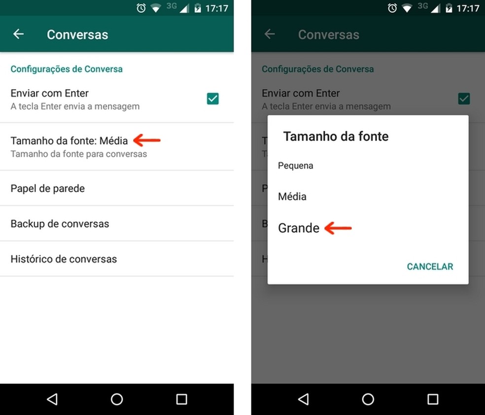 Mudança de tamanho da fonte no WhatsApp para Android (Foto: Reprodução/Raquel Freire)
