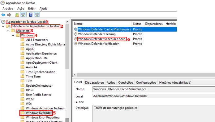 Acessando a opção Windows Defender Scheduled Scan (Foto: Reprodução/Edivaldo Brito)
