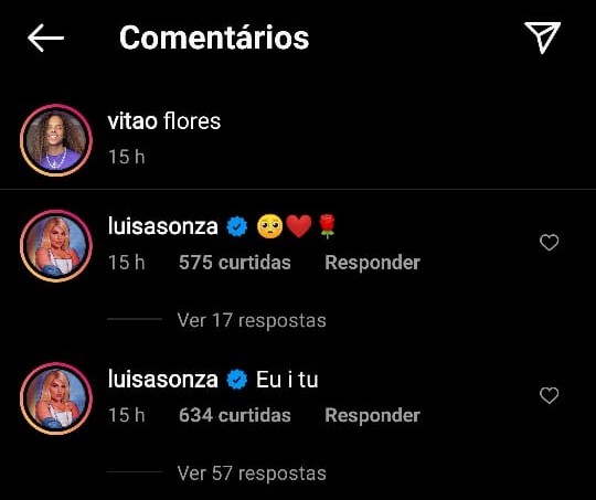 Luísa Sonza comenta nas fotos em que Vitão mostra a nova tatuagem (Foto: Reprodução/Instagram)