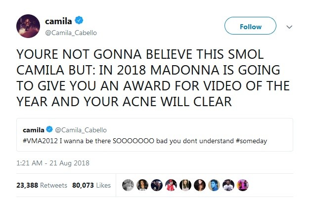 Camila Cabello relembrou tuíte antigo que desejava estar no VMA (Foto: Reprodução / Twitter)