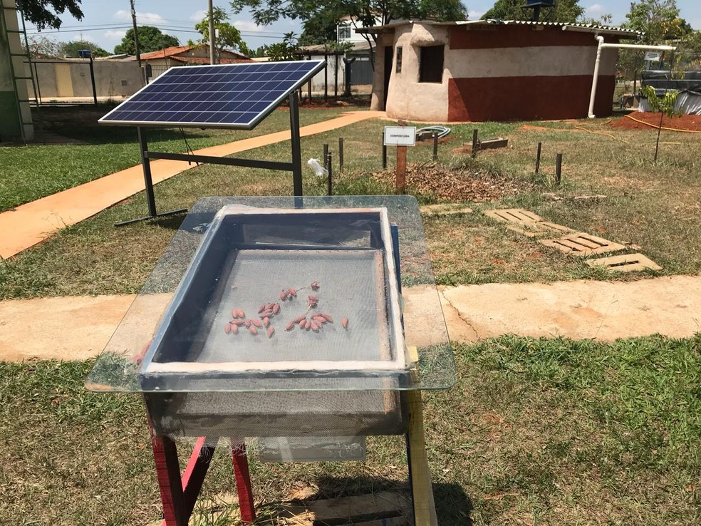 Secadora de frutas, placa fotovoltaica e sala de adobe pintada com geotinta compõem complexo ecológico — Foto: Marília Marques/G1