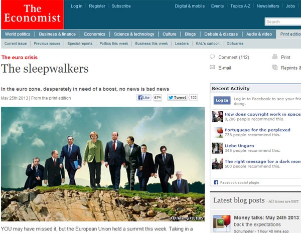 Revista 'Economist' vê líderes europeus como sonâmbulos. (Foto: Reprodução/'The Economist')
