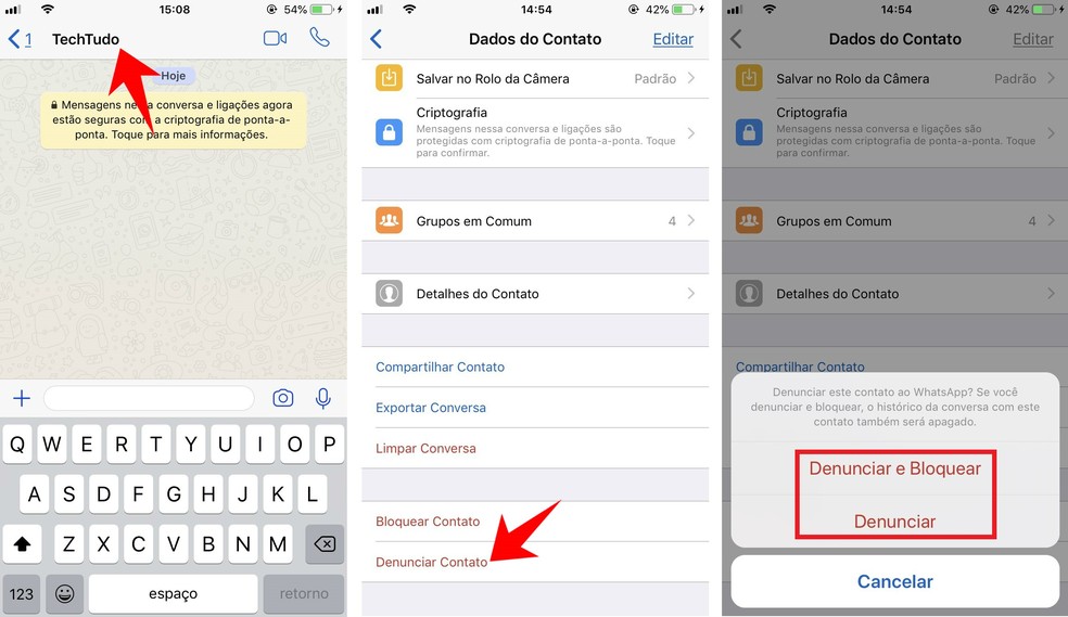 Denunciando um perfil no WhatsApp por enviar fake news ou conteúdo ofensivo — Foto: Reprodução/Rodrigo Fernandes