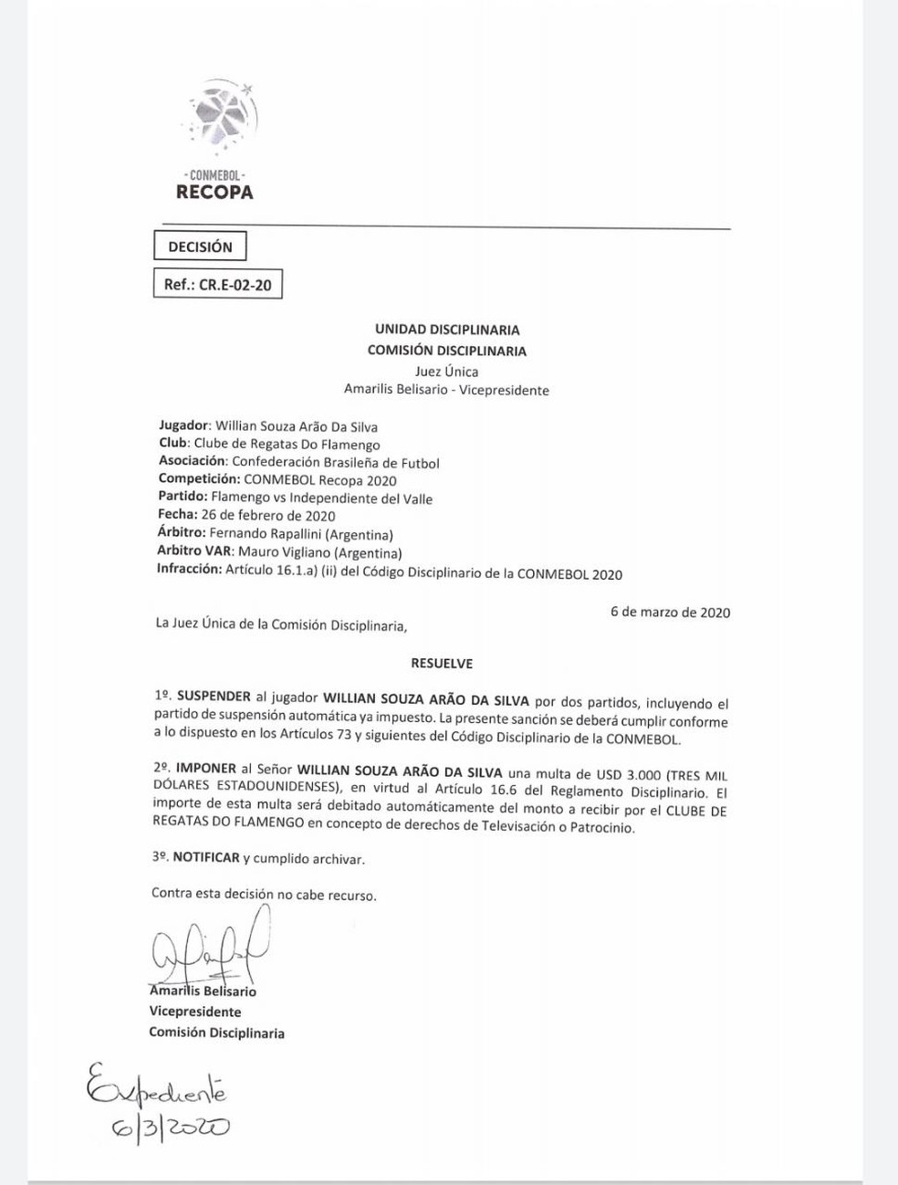 Willian Arão, do Flamengo, é punido com dois jogos de gancho — Foto: Reprodução