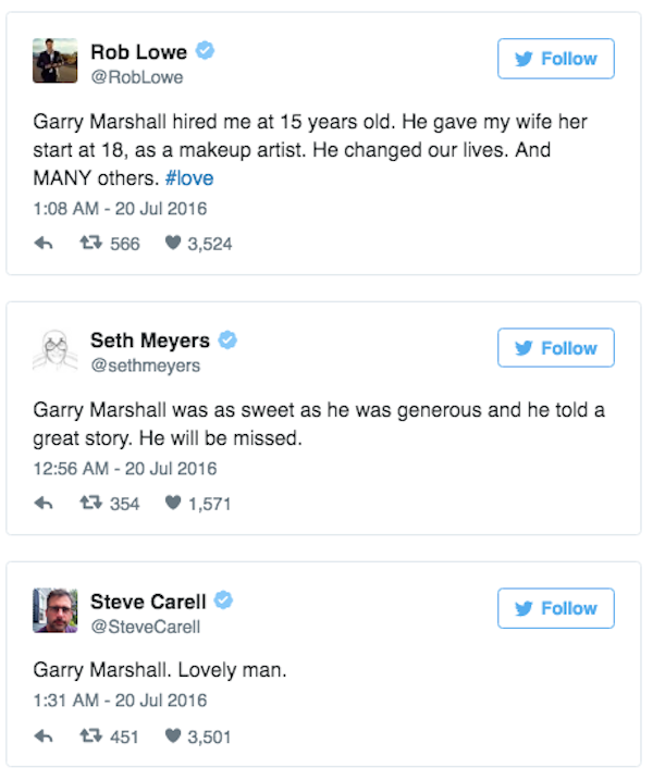A morte do diretor Garry Marshall foi lamentada por várias celebridades (Foto: Twitter)