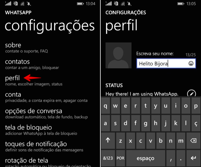 Editando nome no WhatsApp para Windows Phone (Foto: Reprodu??o/Helito Bijora) 