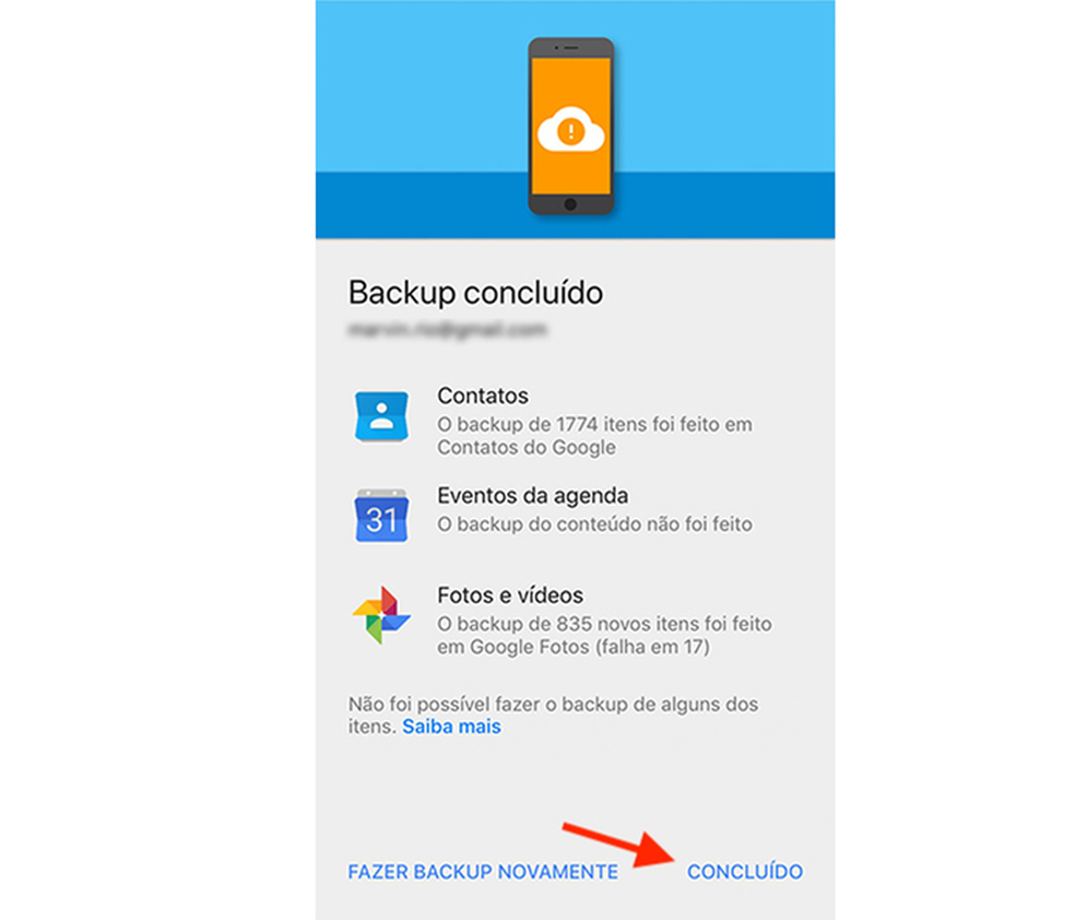 Tela de confirmação para a finalização de backup do iPhone para um aparelho Android (Foto: Reprodução/Marvin Costa)